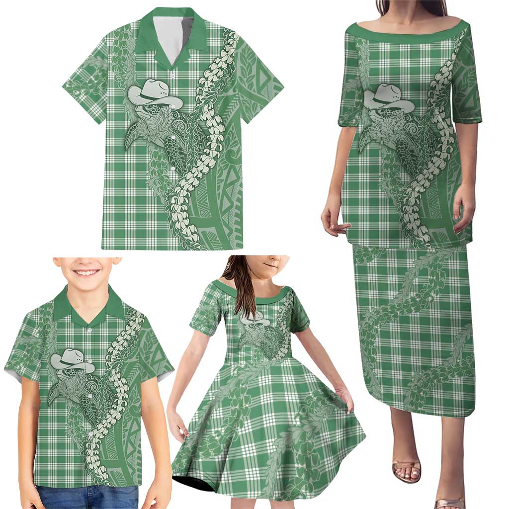 Green Hawaii Palaka Cowboy Turtle Family Matching Puletasi and Hawaiian Shirt Hawaiian Paniolo Puakenikeni Maile Lei - Polynesian Pride