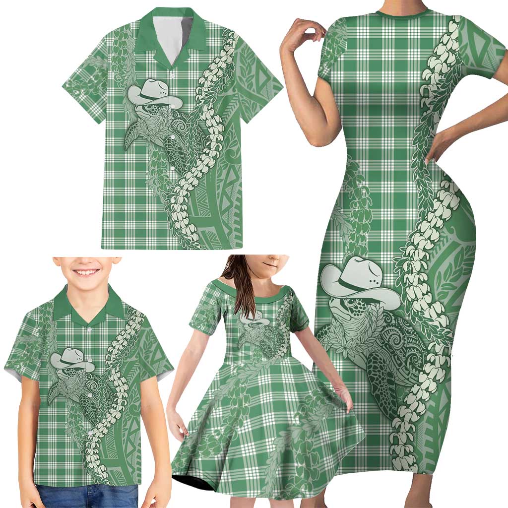 Green Hawaii Palaka Cowboy Turtle Family Matching Short Sleeve Bodycon Dress and Hawaiian Shirt Hawaiian Paniolo Puakenikeni Maile Lei DT05 - Polynesian Pride
