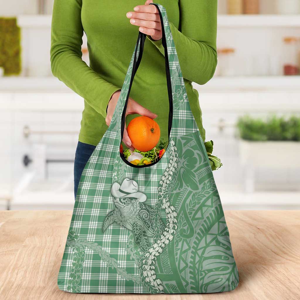 Green Hawaii Palaka Cowboy Turtle Grocery Bag Hawaiian Paniolo Puakenikeni Maile Lei DT05 - Polynesian Pride