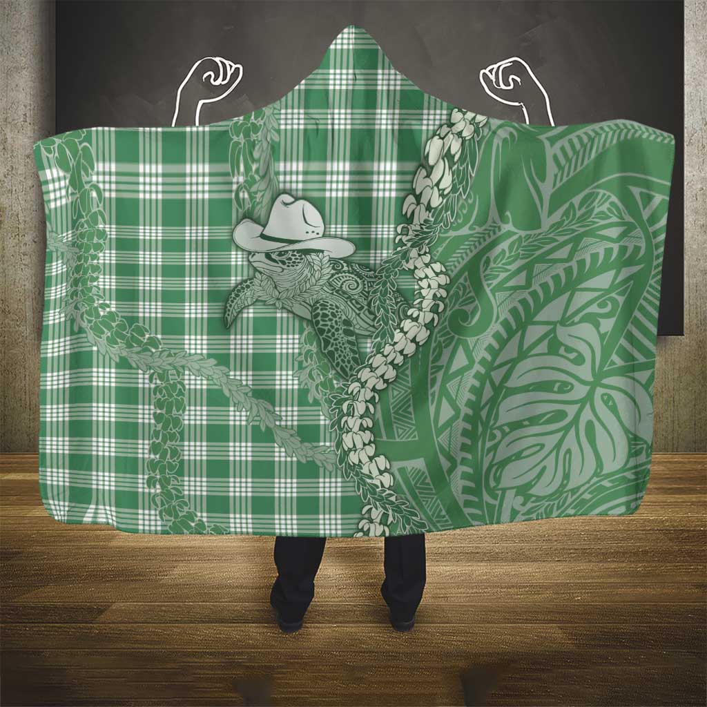 Green Hawaii Palaka Cowboy Turtle Hooded Blanket Hawaiian Paniolo Puakenikeni Maile Lei DT05 - Polynesian Pride