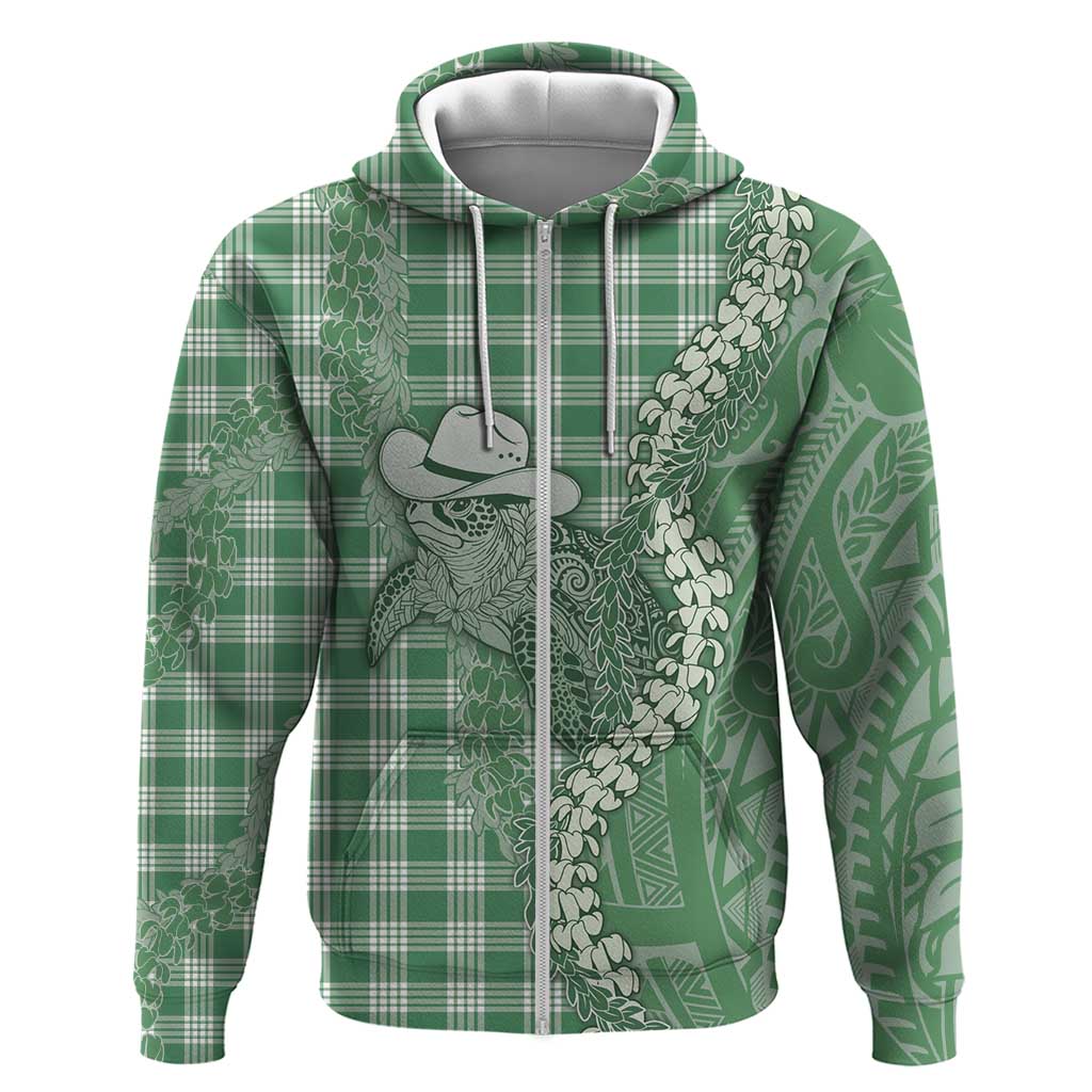 Green Hawaii Palaka Cowboy Turtle Hoodie Hawaiian Paniolo Puakenikeni Maile Lei DT05 Zip Hoodie Green - Polynesian Pride