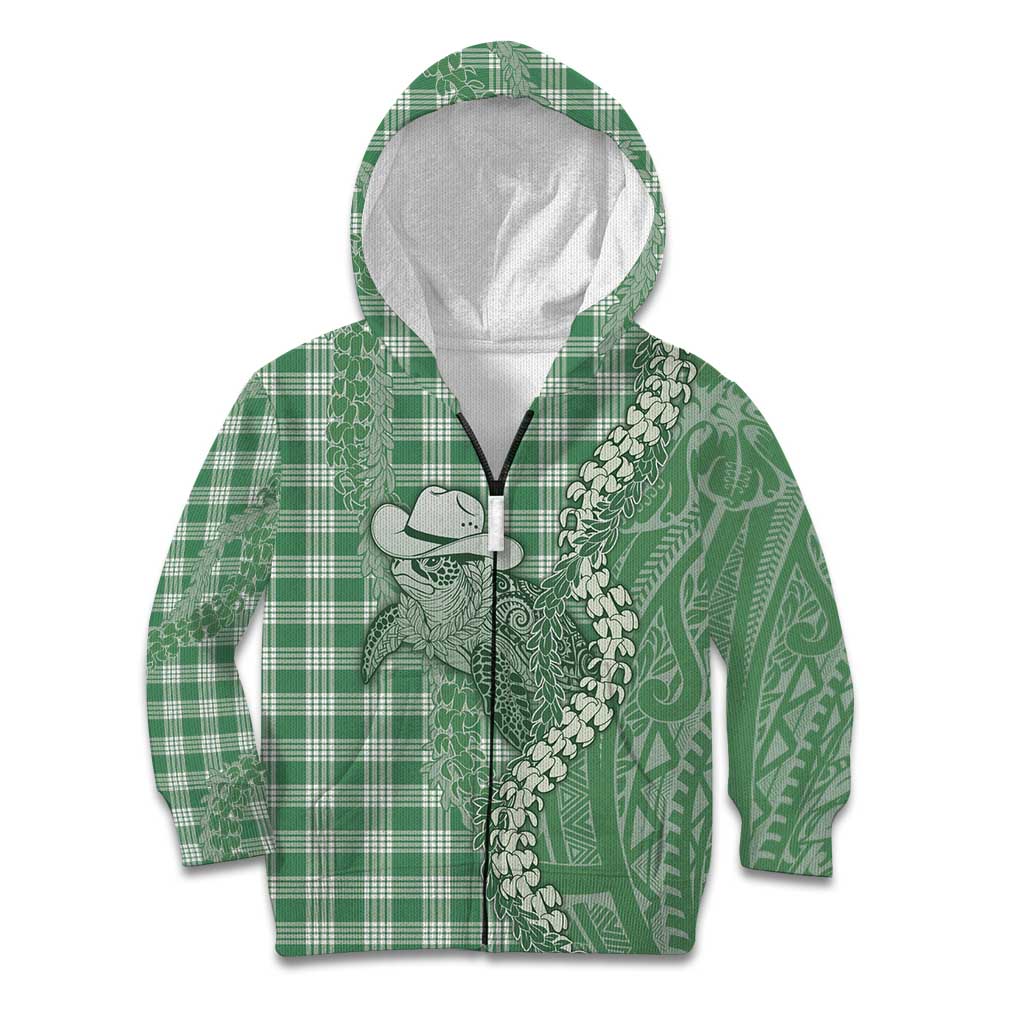 Green Hawaii Palaka Cowboy Turtle Kid Hoodie Hawaiian Paniolo Puakenikeni Maile Lei DT05 Zip Hoodie Green - Polynesian Pride