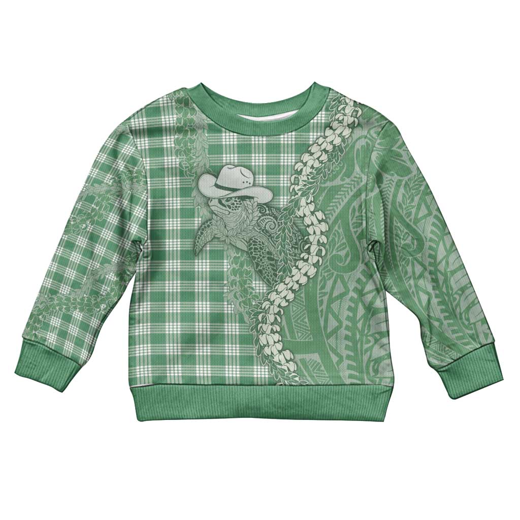 Green Hawaii Palaka Cowboy Turtle Kid Ugly Christmas Sweater Hawaiian Paniolo Puakenikeni Maile Lei DT05 Kid Green - Polynesian Pride