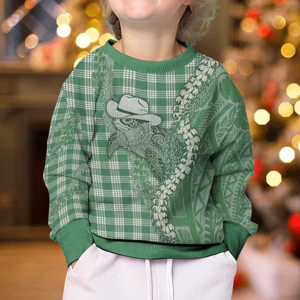 Green Hawaii Palaka Cowboy Turtle Kid Ugly Christmas Sweater Hawaiian Paniolo Puakenikeni Maile Lei DT05 - Polynesian Pride