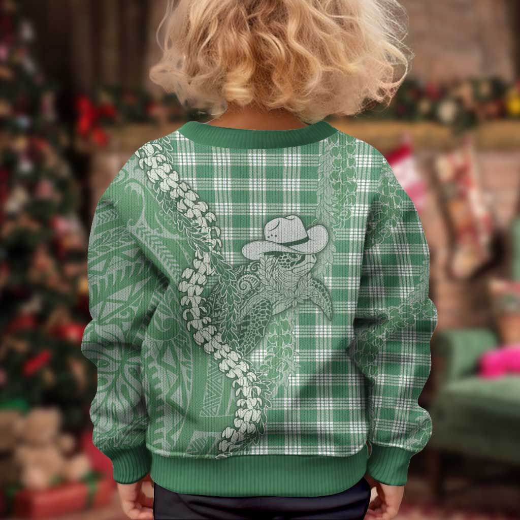 Green Hawaii Palaka Cowboy Turtle Kid Ugly Christmas Sweater Hawaiian Paniolo Puakenikeni Maile Lei DT05 - Polynesian Pride