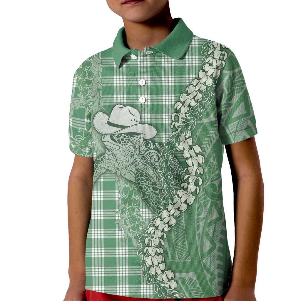 Green Hawaii Palaka Cowboy Turtle Kid Polo Shirt Hawaiian Paniolo Puakenikeni Maile Lei DT05 Kid Green - Polynesian Pride
