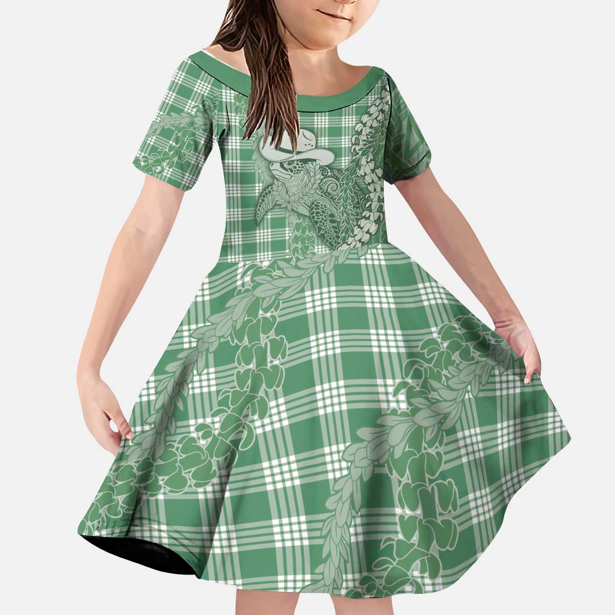 Green Hawaii Palaka Cowboy Turtle Kid Short Sleeve Dress Hawaiian Paniolo Puakenikeni Maile Lei - Polynesian Pride