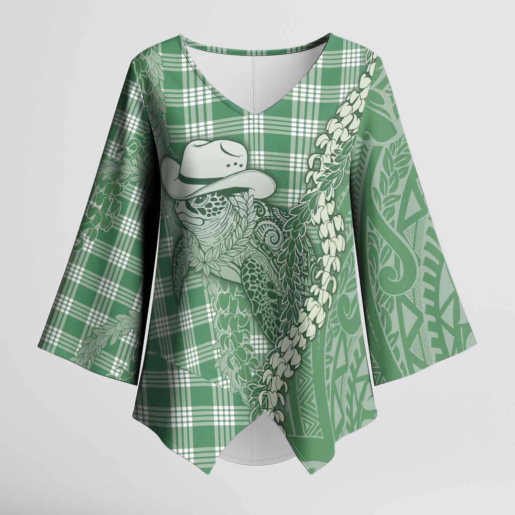 Green Hawaii Palaka Cowboy Turtle Kimono Sleeve Blouse Hawaiian Paniolo Puakenikeni Maile Lei DT05 Female Green - Polynesian Pride