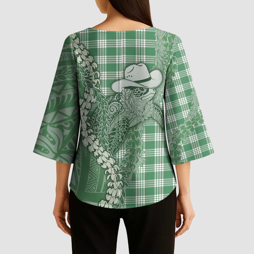 Green Hawaii Palaka Cowboy Turtle Kimono Sleeve Blouse Hawaiian Paniolo Puakenikeni Maile Lei DT05 - Polynesian Pride