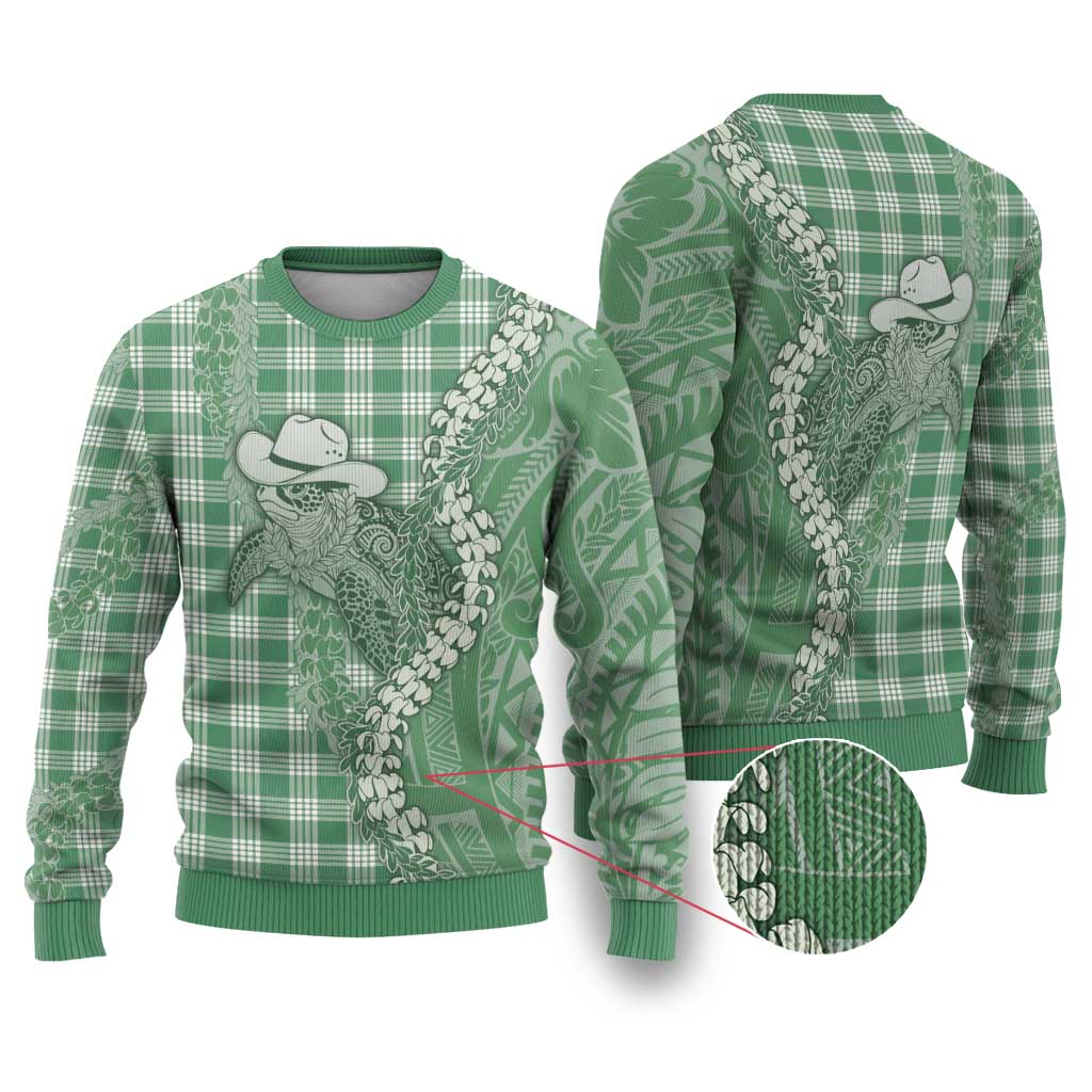 Green Hawaii Palaka Cowboy Turtle Ugly Christmas Sweater Hawaiian Paniolo Puakenikeni Maile Lei DT05 Green - Polynesian Pride