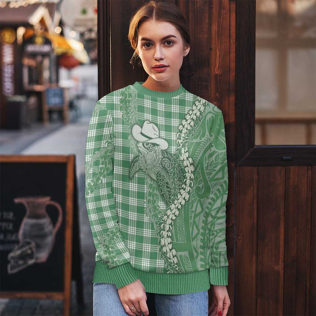 Green Hawaii Palaka Cowboy Turtle Ugly Christmas Sweater Hawaiian Paniolo Puakenikeni Maile Lei DT05 - Polynesian Pride