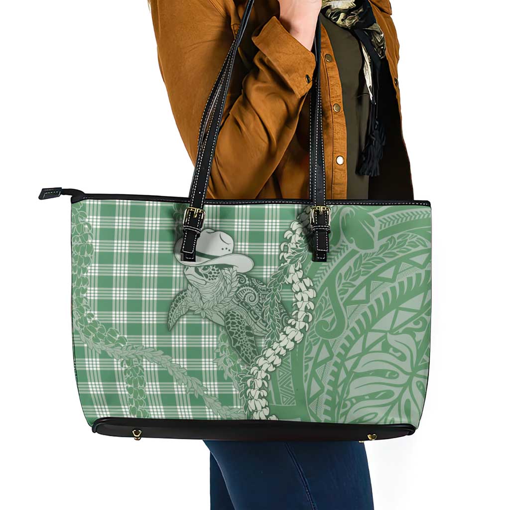 Green Hawaii Palaka Cowboy Turtle Leather Tote Bag Hawaiian Paniolo Puakenikeni Maile Lei DT05 - Polynesian Pride