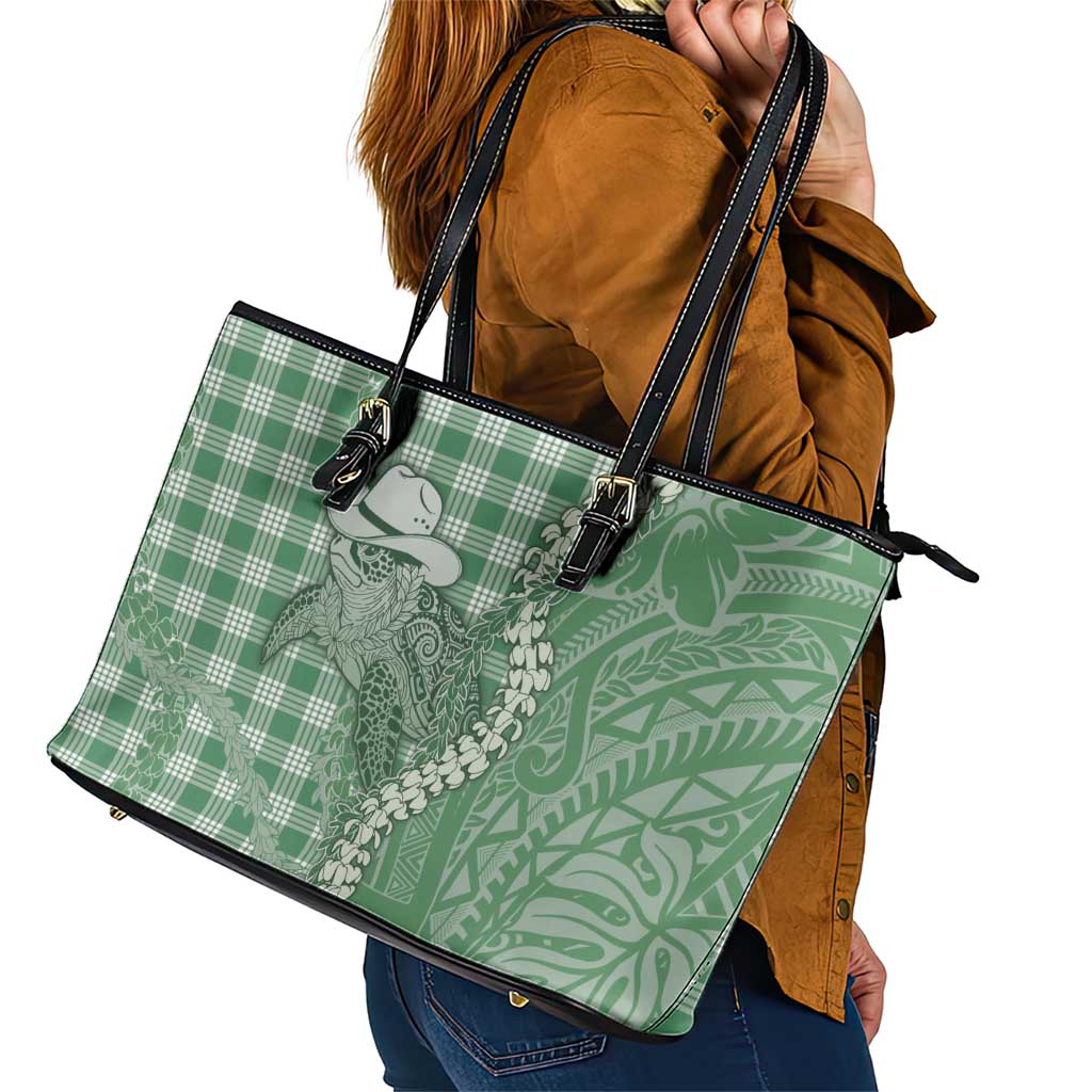 Green Hawaii Palaka Cowboy Turtle Leather Tote Bag Hawaiian Paniolo Puakenikeni Maile Lei DT05 - Polynesian Pride