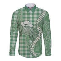 Green Hawaii Palaka Cowboy Turtle Long Sleeve Button Shirt Hawaiian Paniolo Puakenikeni Maile Lei DT05 Unisex Green - Polynesian Pride