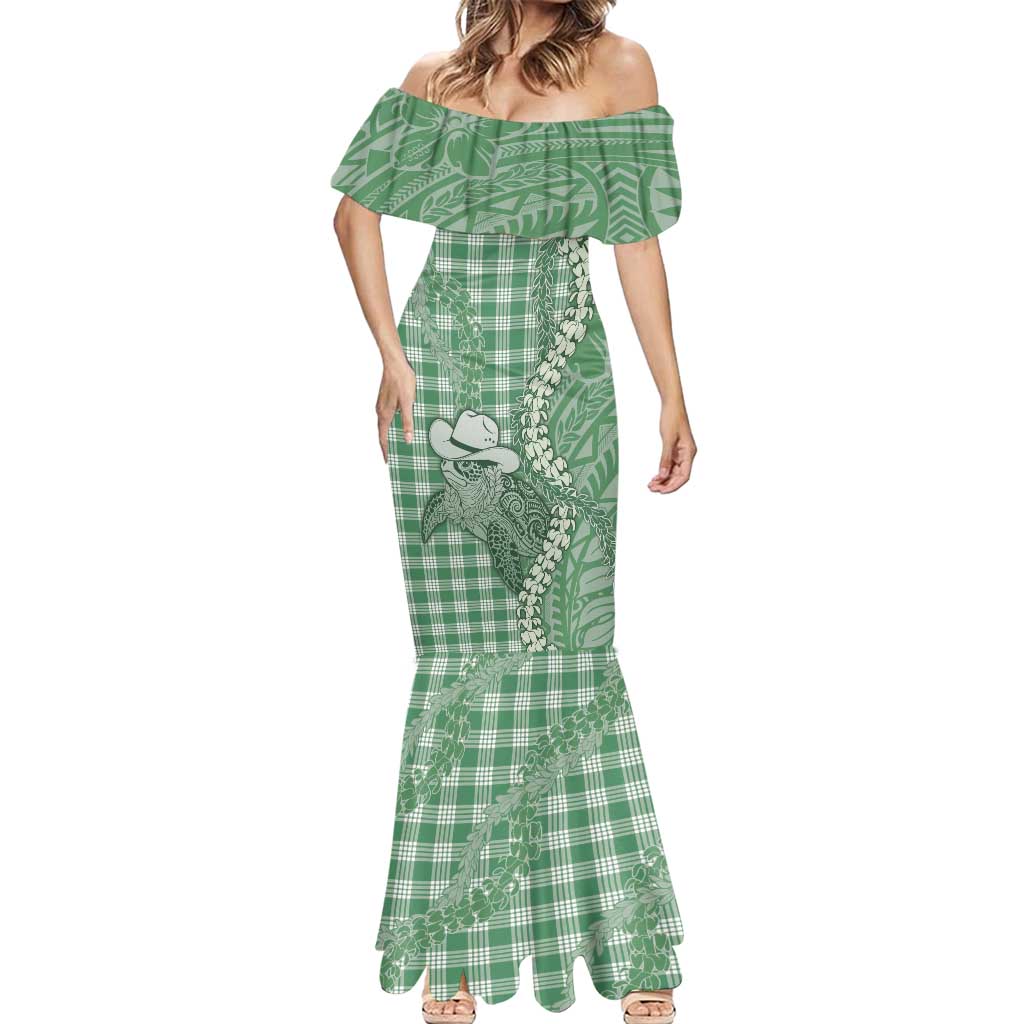 Green Hawaii Palaka Cowboy Turtle Mermaid Dress Hawaiian Paniolo Puakenikeni Maile Lei DT05 - Polynesian Pride