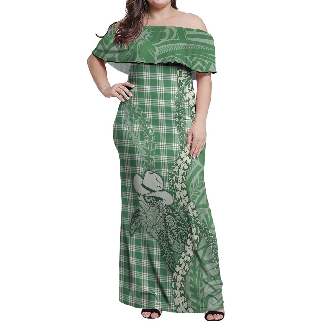 Green Hawaii Palaka Cowboy Turtle Off Shoulder Maxi Dress Hawaiian Paniolo Puakenikeni Maile Lei DT05 Women Green - Polynesian Pride