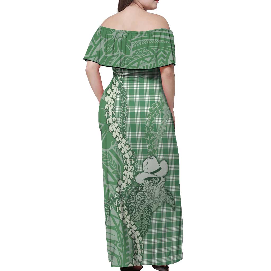 Green Hawaii Palaka Cowboy Turtle Off Shoulder Maxi Dress Hawaiian Paniolo Puakenikeni Maile Lei DT05 - Polynesian Pride