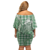 Green Hawaii Palaka Cowboy Turtle Off Shoulder Short Dress Hawaiian Paniolo Puakenikeni Maile Lei DT05 - Polynesian Pride