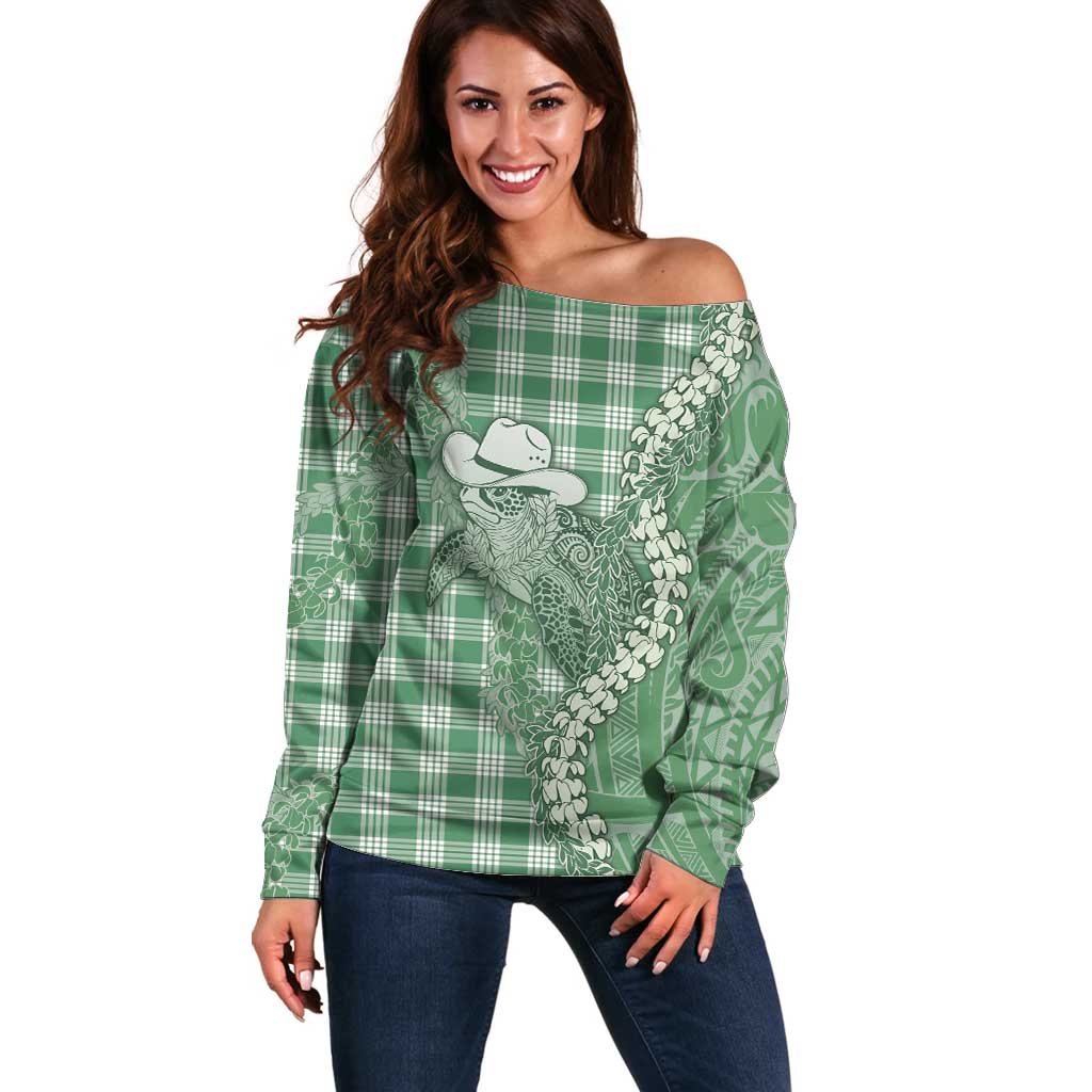 Green Hawaii Palaka Cowboy Turtle Off Shoulder Sweater Hawaiian Paniolo Puakenikeni Maile Lei DT05 Women Green - Polynesian Pride