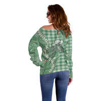 Green Hawaii Palaka Cowboy Turtle Off Shoulder Sweater Hawaiian Paniolo Puakenikeni Maile Lei DT05 - Polynesian Pride