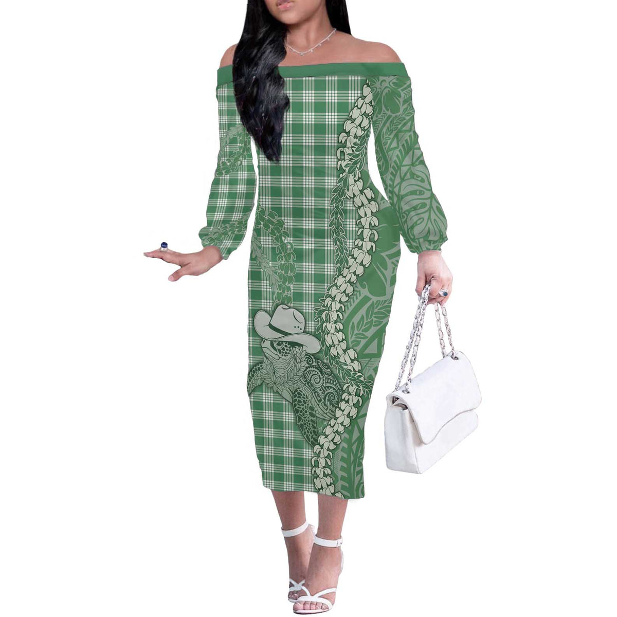 Green Hawaii Palaka Cowboy Turtle Off The Shoulder Long Sleeve Dress Hawaiian Paniolo Puakenikeni Maile Lei DT05 Women Green - Polynesian Pride