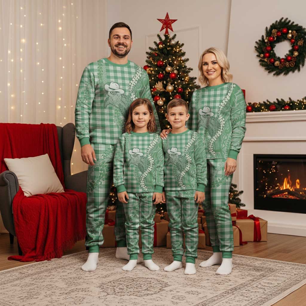 Green Hawaii Palaka Cowboy Turtle Christmas Pajama Set Hawaiian Paniolo Puakenikeni Maile Lei DT05 - Polynesian Pride