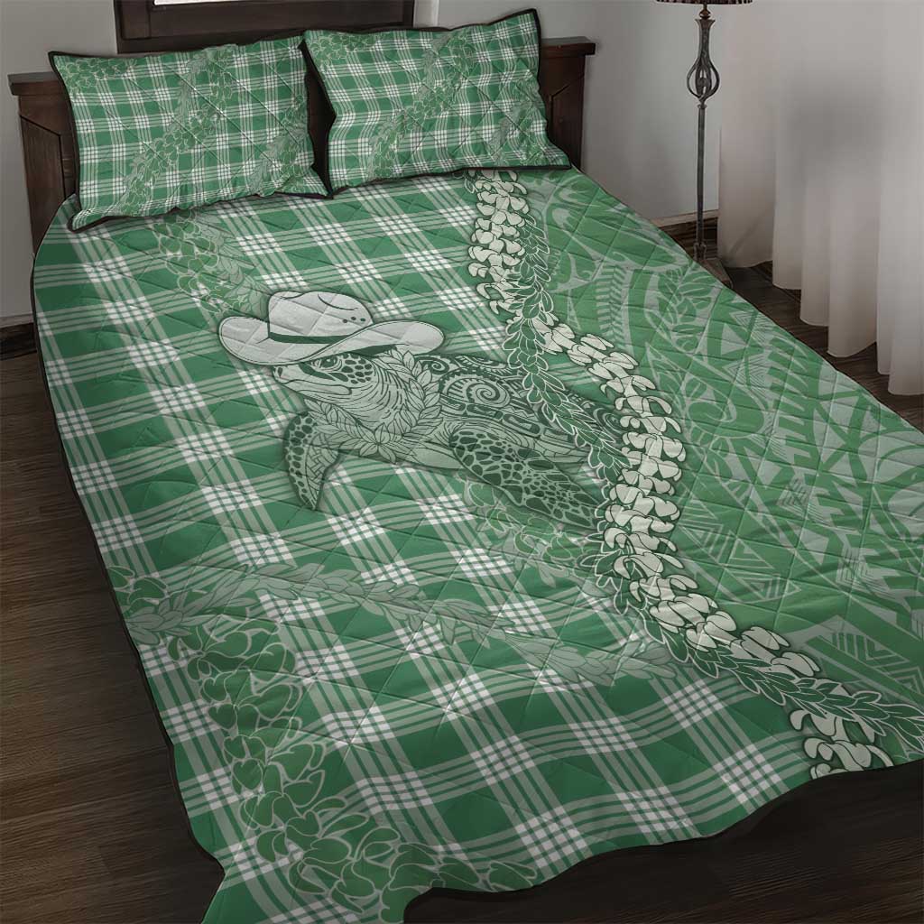 Green Hawaii Palaka Cowboy Turtle Quilt Bed Set Hawaiian Paniolo Puakenikeni Maile Lei DT05 Green - Polynesian Pride
