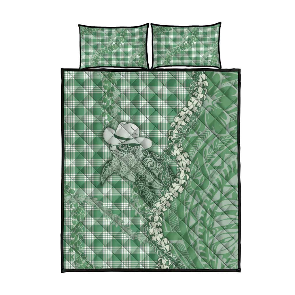Green Hawaii Palaka Cowboy Turtle Quilt Bed Set Hawaiian Paniolo Puakenikeni Maile Lei DT05 - Polynesian Pride