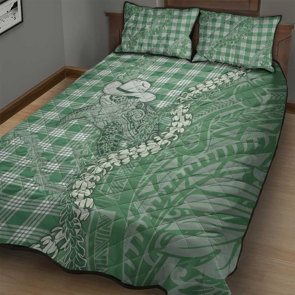 Green Hawaii Palaka Cowboy Turtle Quilt Bed Set Hawaiian Paniolo Puakenikeni Maile Lei DT05 - Polynesian Pride