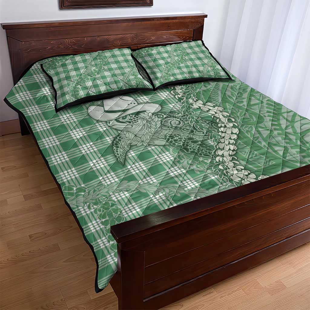 Green Hawaii Palaka Cowboy Turtle Quilt Bed Set Hawaiian Paniolo Puakenikeni Maile Lei DT05 - Polynesian Pride