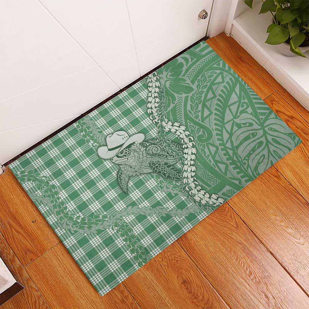 Green Hawaii Palaka Cowboy Turtle Rubber Doormat Hawaiian Paniolo Puakenikeni Maile Lei DT05 - Polynesian Pride