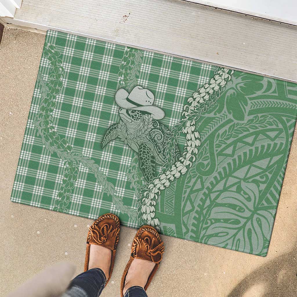 Green Hawaii Palaka Cowboy Turtle Rubber Doormat Hawaiian Paniolo Puakenikeni Maile Lei DT05 - Polynesian Pride