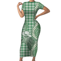 Green Hawaii Palaka Cowboy Turtle Short Sleeve Bodycon Dress Hawaiian Paniolo Puakenikeni Maile Lei DT05 Long Dress Green - Polynesian Pride