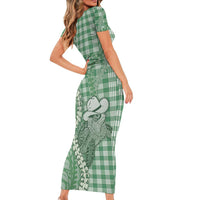 Green Hawaii Palaka Cowboy Turtle Short Sleeve Bodycon Dress Hawaiian Paniolo Puakenikeni Maile Lei DT05 - Polynesian Pride