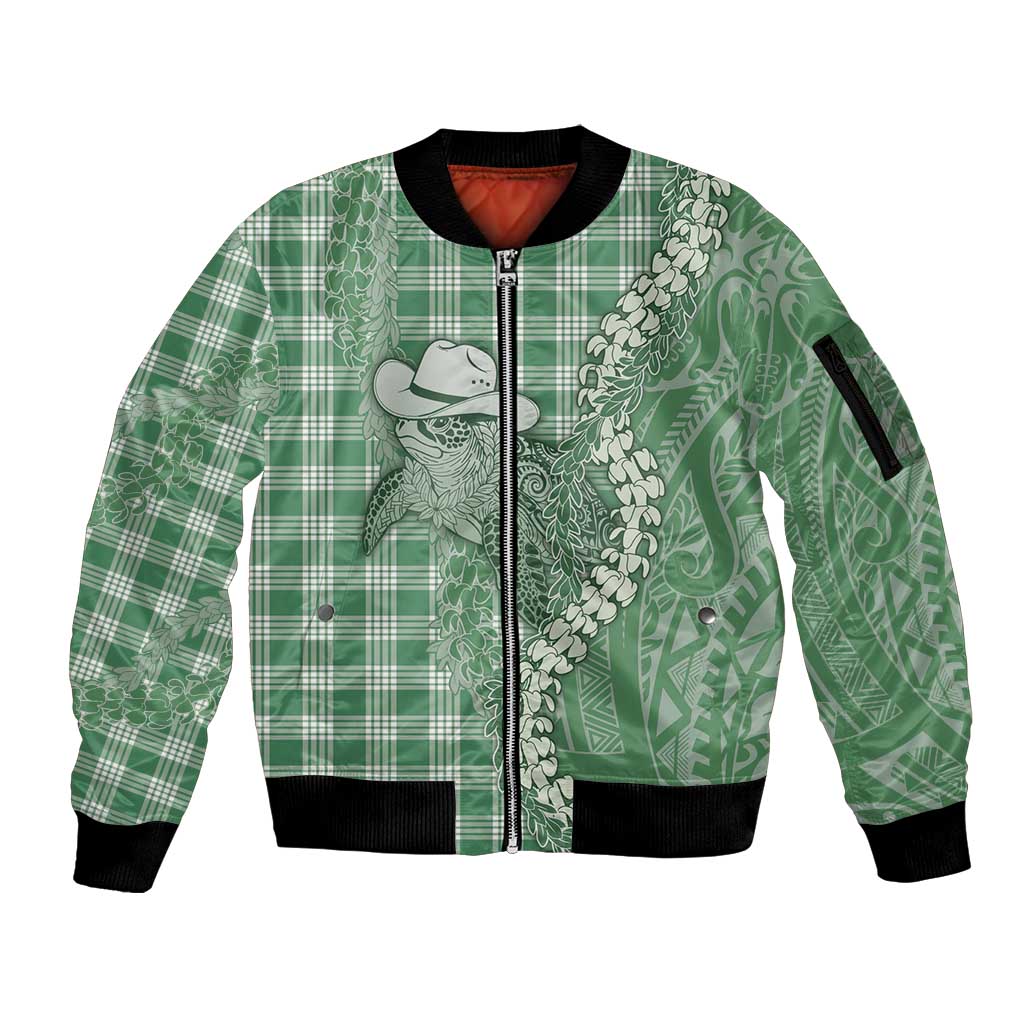 Green Hawaii Palaka Cowboy Turtle Sleeve Zip Bomber Jacket Hawaiian Paniolo Puakenikeni Maile Lei DT05 Unisex Green - Polynesian Pride