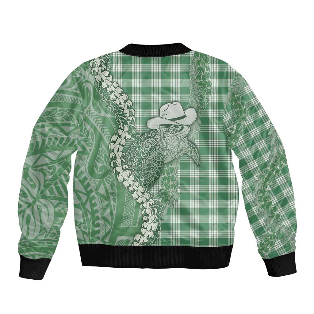 Green Hawaii Palaka Cowboy Turtle Sleeve Zip Bomber Jacket Hawaiian Paniolo Puakenikeni Maile Lei DT05 - Polynesian Pride
