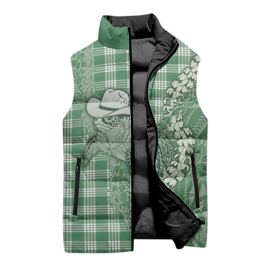 Green Hawaii Palaka Cowboy Turtle Sleeveless Puffer Jacket Hawaiian Paniolo Puakenikeni Maile Lei DT05 - Polynesian Pride