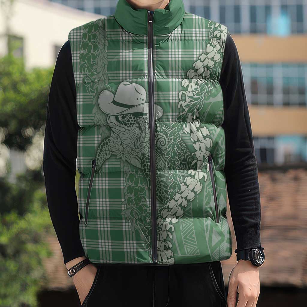 Green Hawaii Palaka Cowboy Turtle Sleeveless Puffer Jacket Hawaiian Paniolo Puakenikeni Maile Lei DT05 - Polynesian Pride