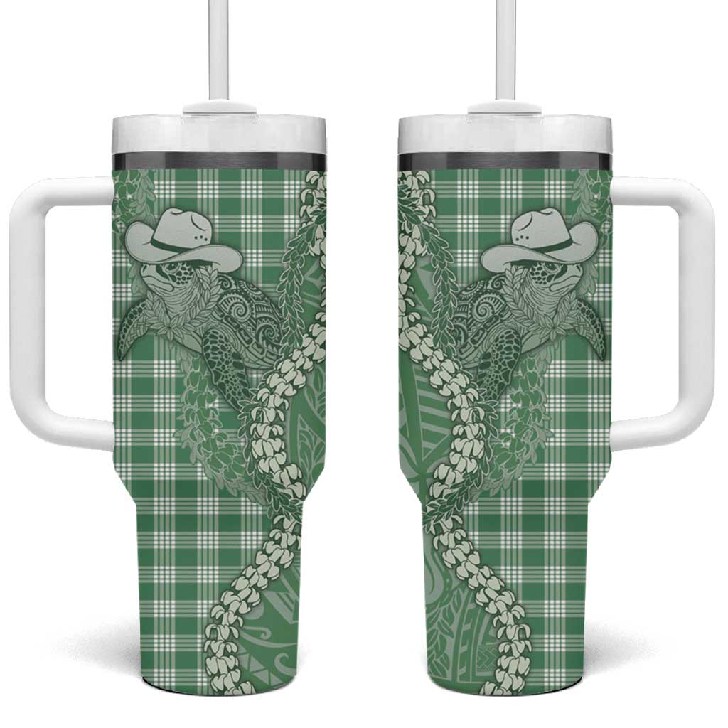 Green Hawaii Palaka Cowboy Turtle Tumbler With Handle Hawaiian Paniolo Puakenikeni Maile Lei DT05 One Size: 40 oz Green - Polynesian Pride