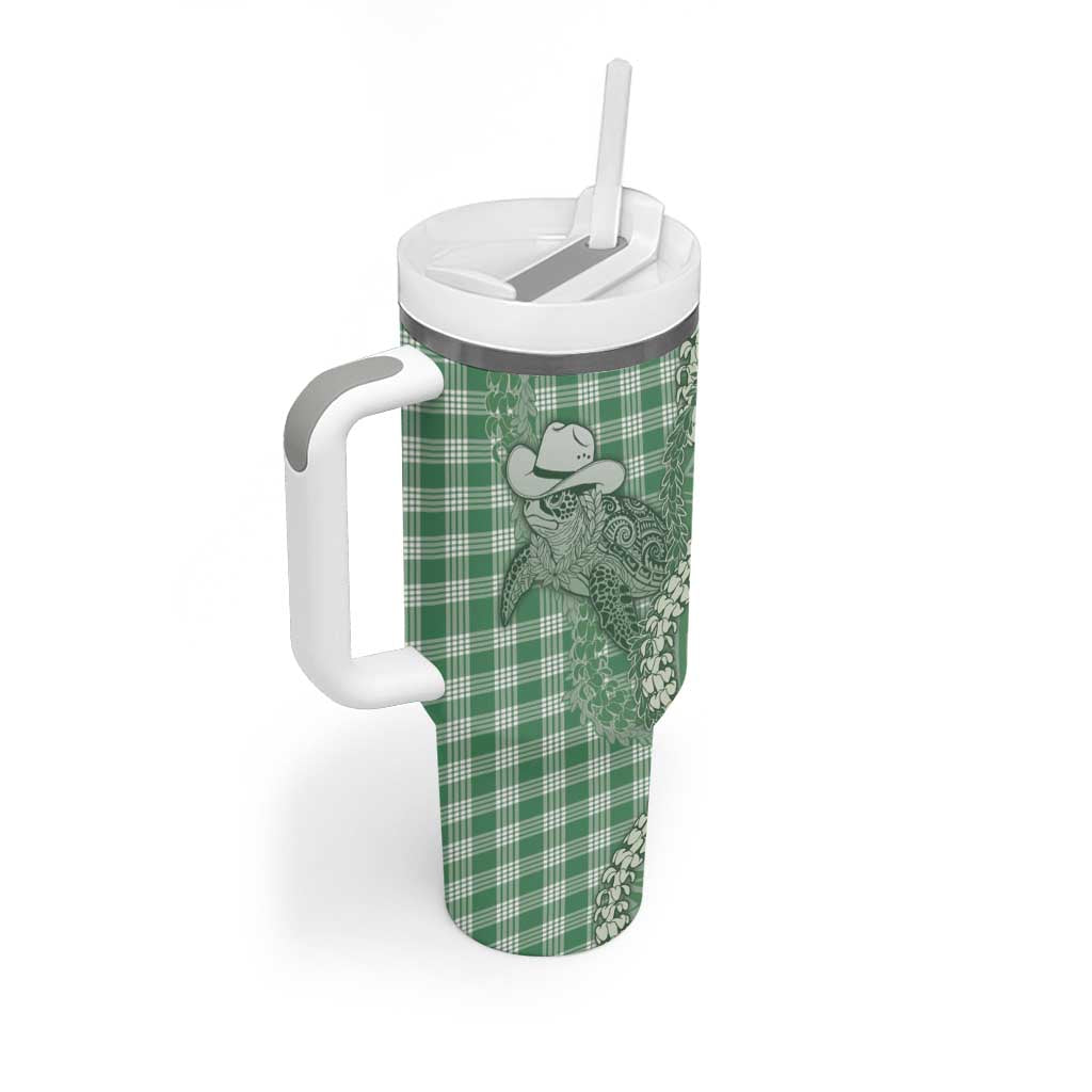 Green Hawaii Palaka Cowboy Turtle Tumbler With Handle Hawaiian Paniolo Puakenikeni Maile Lei DT05 - Polynesian Pride