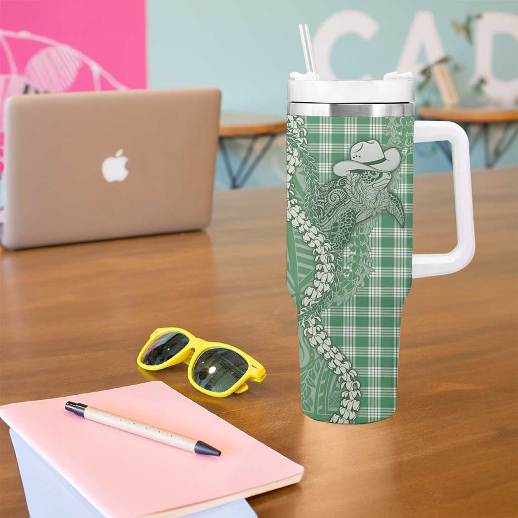 Green Hawaii Palaka Cowboy Turtle Tumbler With Handle Hawaiian Paniolo Puakenikeni Maile Lei DT05 - Polynesian Pride