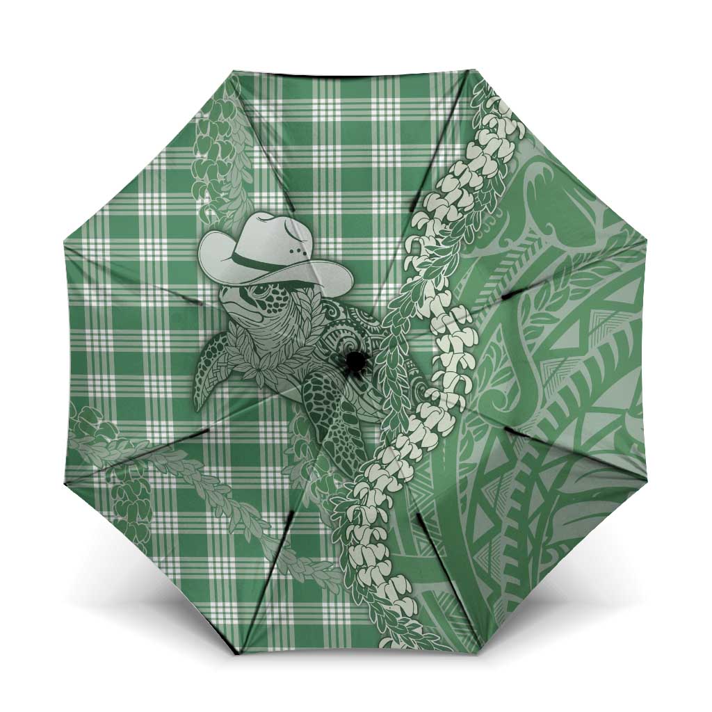 Green Hawaii Palaka Cowboy Turtle Umbrella Hawaiian Paniolo Puakenikeni Maile Lei DT05 One Size Folded 11.42 inch Opened Diameter 37.4 inch Green - Polynesian Pride