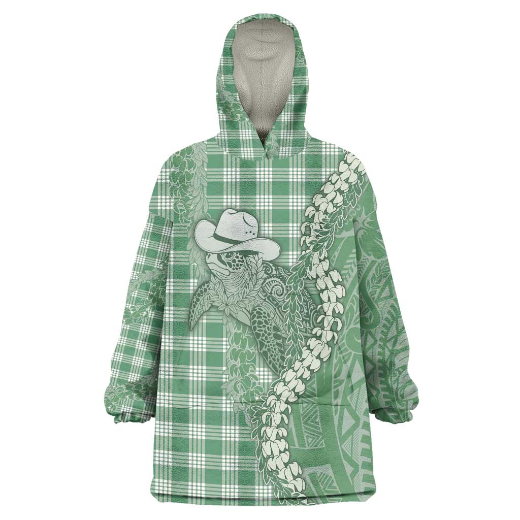 Green Hawaii Palaka Cowboy Turtle Wearable Blanket Hoodie Hawaiian Paniolo Puakenikeni Maile Lei - Polynesian Pride