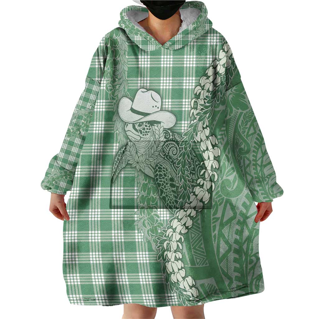 Green Hawaii Palaka Cowboy Turtle Wearable Blanket Hoodie Hawaiian Paniolo Puakenikeni Maile Lei DT05 - Polynesian Pride