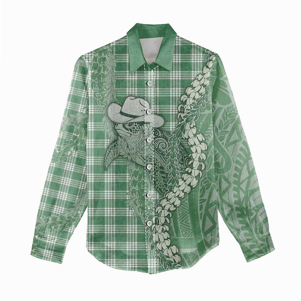 Green Hawaii Palaka Cowboy Turtle Women Casual Shirt Hawaiian Paniolo Puakenikeni Maile Lei - Polynesian Pride