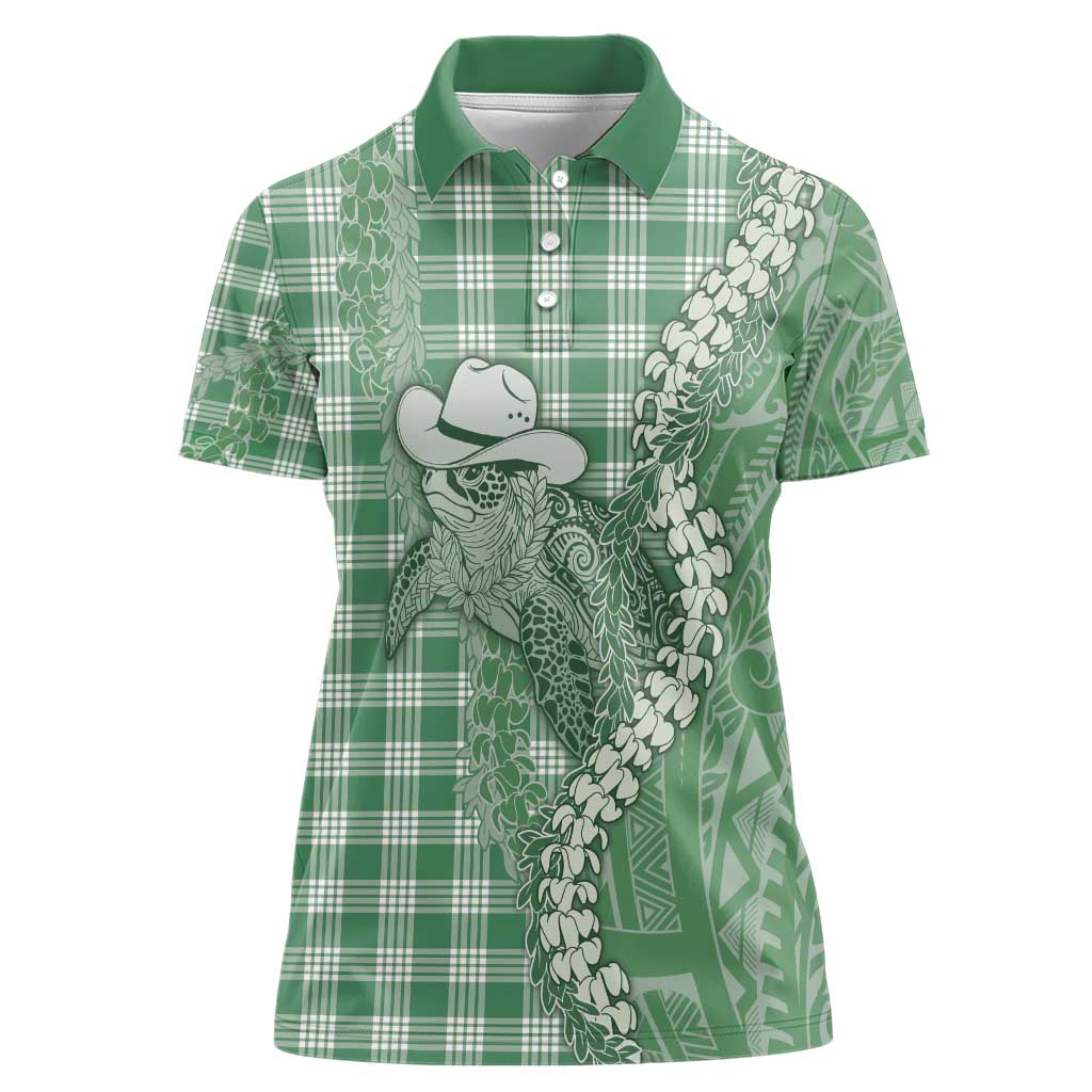 Green Hawaii Palaka Cowboy Turtle Women Polo Shirt Hawaiian Paniolo Puakenikeni Maile Lei - Polynesian Pride