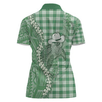 Green Hawaii Palaka Cowboy Turtle Women Polo Shirt Hawaiian Paniolo Puakenikeni Maile Lei - Polynesian Pride