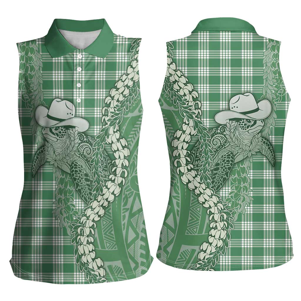 Green Hawaii Palaka Cowboy Turtle Women Sleeveless Polo Shirt Hawaiian Paniolo Puakenikeni Maile Lei DT05 - Polynesian Pride