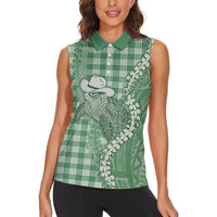 Green Hawaii Palaka Cowboy Turtle Women Sleeveless Polo Shirt Hawaiian Paniolo Puakenikeni Maile Lei DT05 - Polynesian Pride