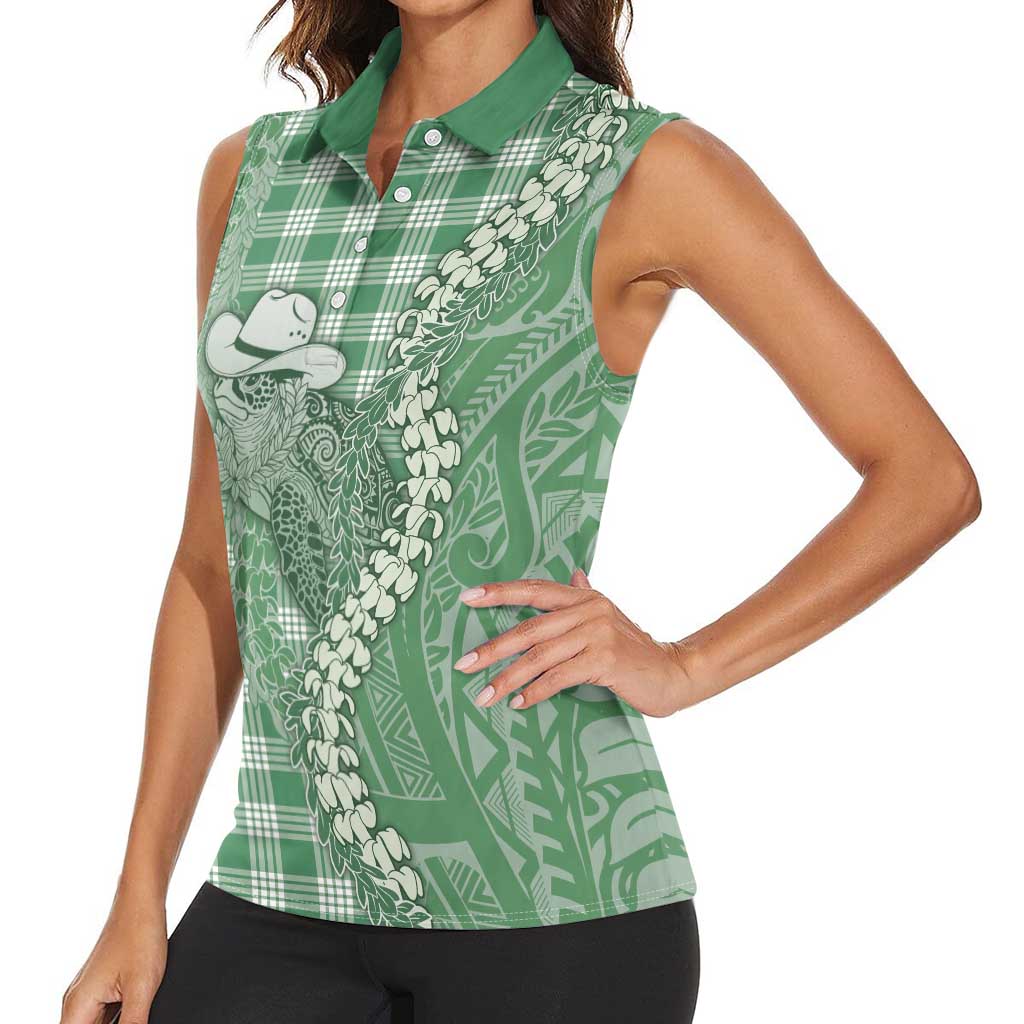 Green Hawaii Palaka Cowboy Turtle Women Sleeveless Polo Shirt Hawaiian Paniolo Puakenikeni Maile Lei DT05 - Polynesian Pride